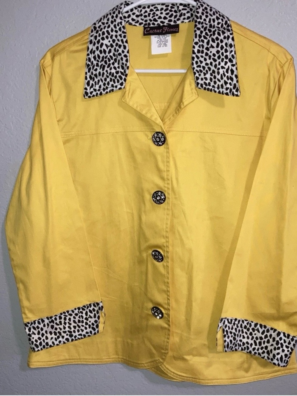 Cactus Flower Vintage Yellow Lightweight Jacket Dalmatian Print Retro Kitschy L